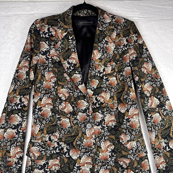 ZARA Woman Floral Tapestry Blazer Jacket Longline Single Button Size SX - Picture 3 of 9